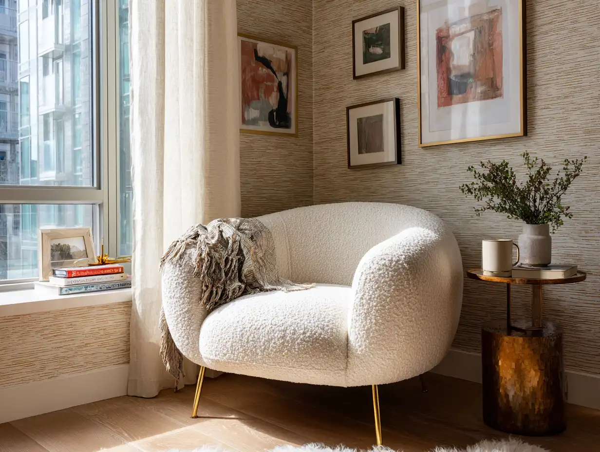 Bedroom corner with boucle accent chair and gold legs, styled as functional furniture that adds texture, balance, and purpose. 