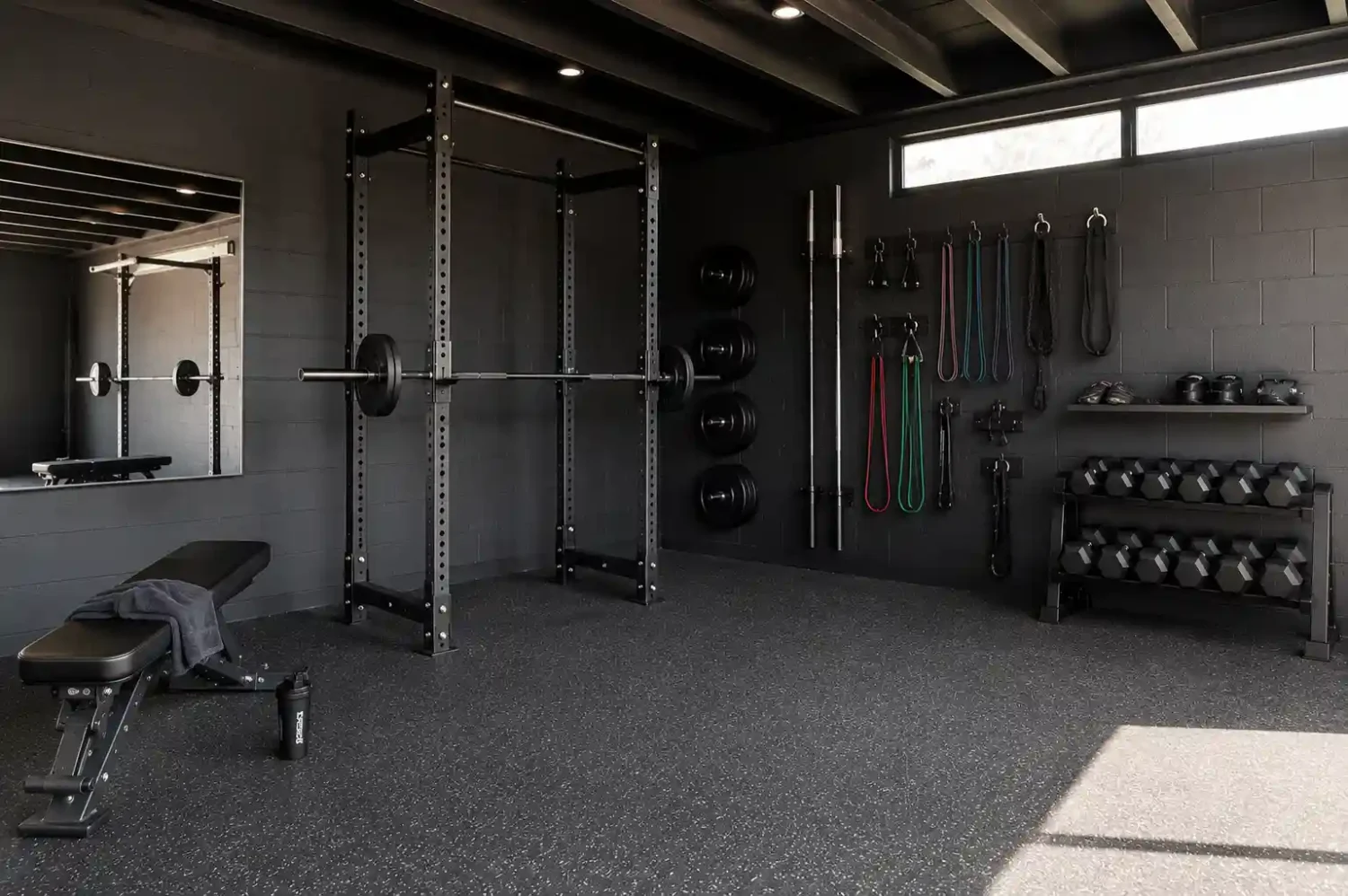 Black minimalist garage gym with power rack, barbell, flat bench, rubber flooring, wall-mounted resistance bands, and dumbbell rack against dark painted cinder block walls.