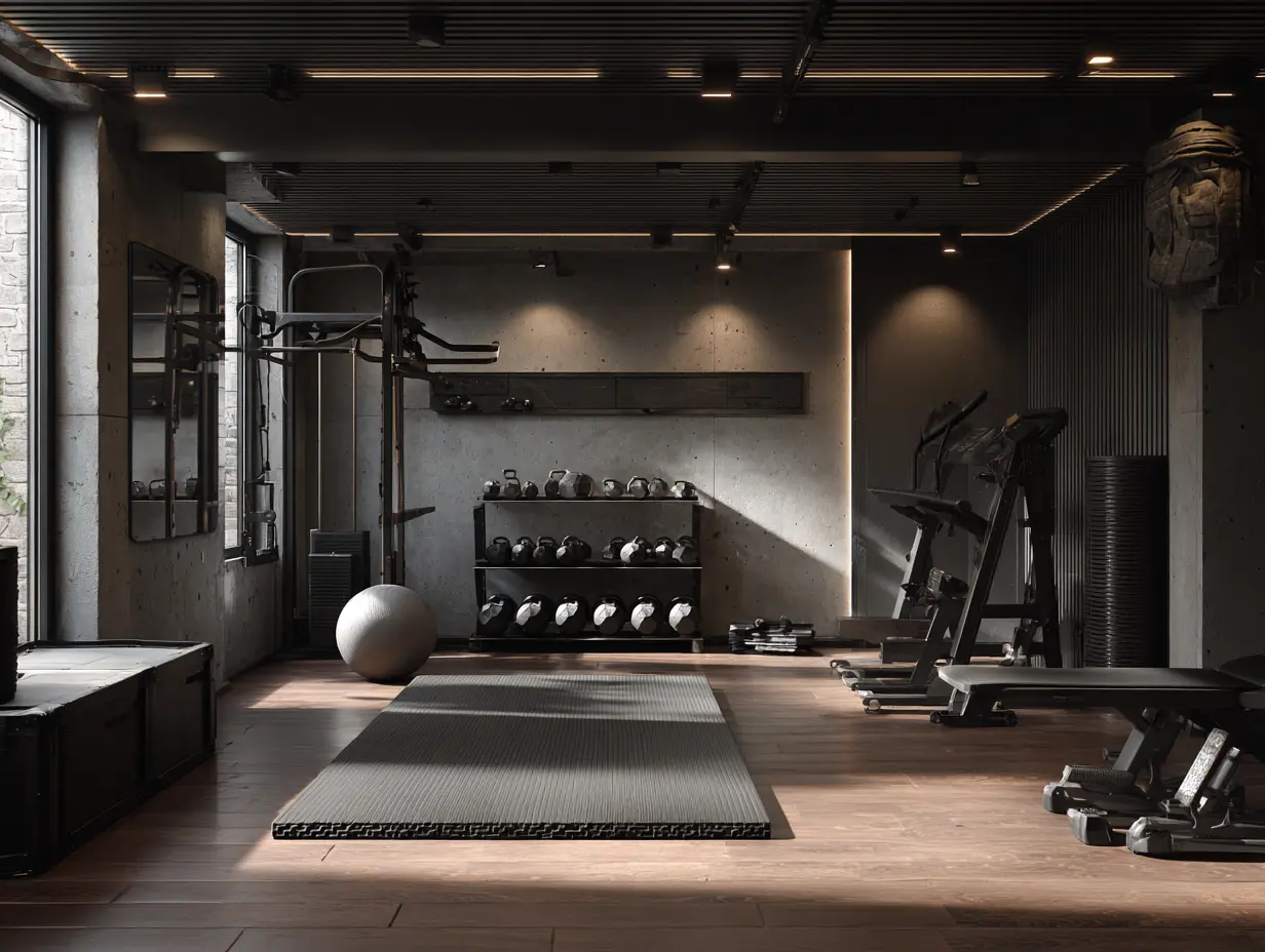 Sleek black garage gym with concrete walls, wood flooring, weight racks, treadmills, and modern lighting accents creating a bold, high-contrast workout space.