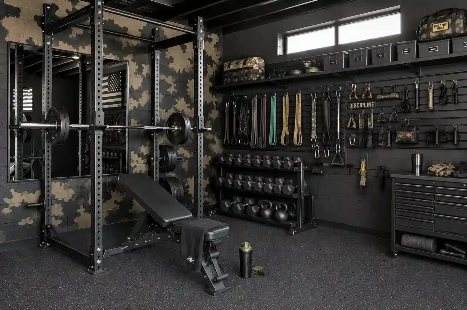 Black tactical garage gym with camo accent wall, power rack, adjustable bench, dumbbell and kettlebell rack, wall-mounted resistance bands, slatwall organization system, and American flag mirror.
