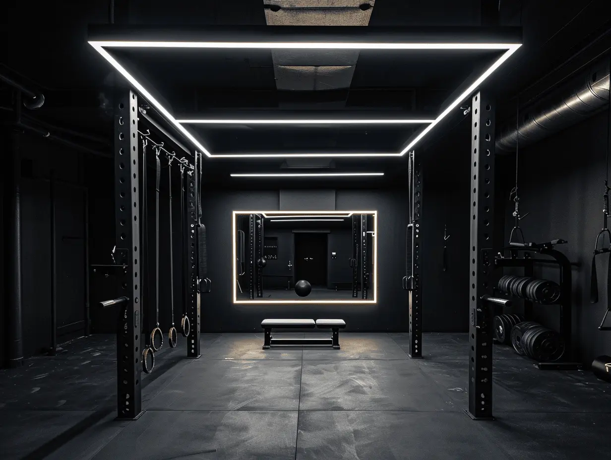 Industrial lighting in a black garage gym with LED strip ceiling lights, wall mirror accents, and heavy-duty workout racks creating a sleek modern training space.