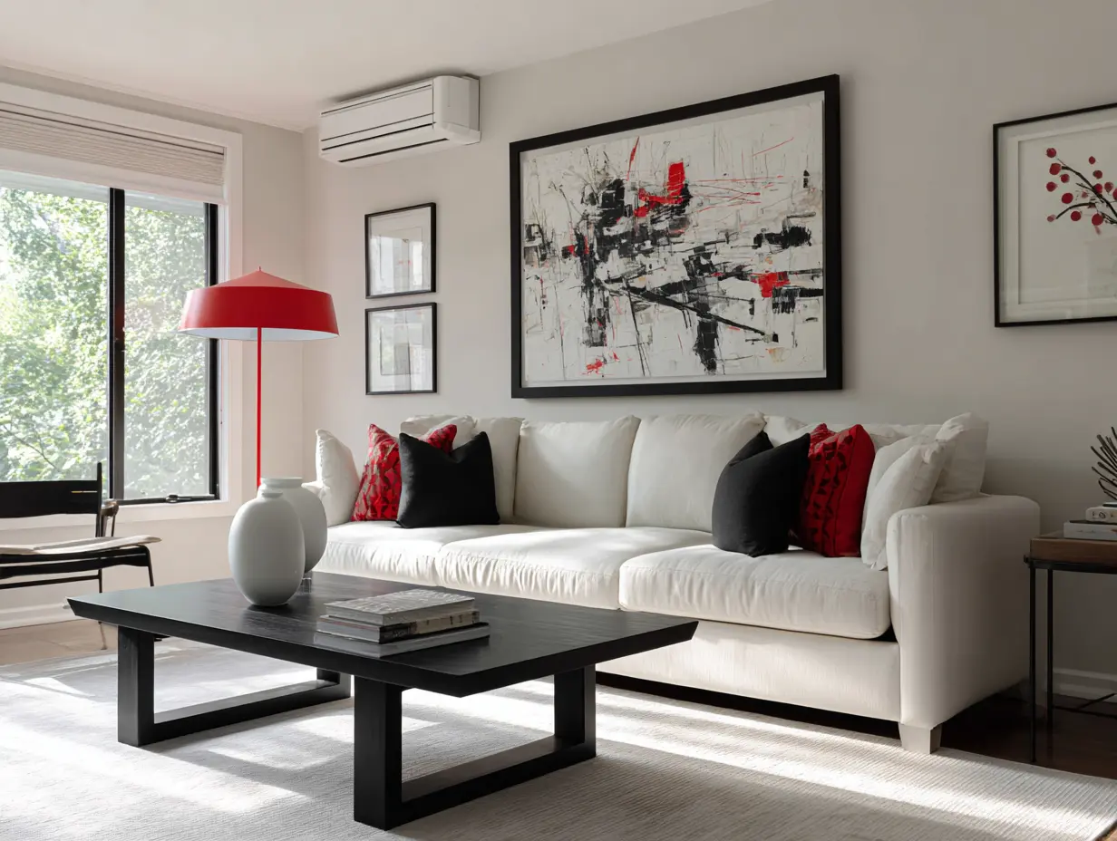 Modern living room with white and black contrast—neutral sofa, matte black coffee table, bold abstract cherry-themed art framed on the wall, and a sleek red accent lamp; clean lines, curated minimalism, and bold color pops that feel intentional