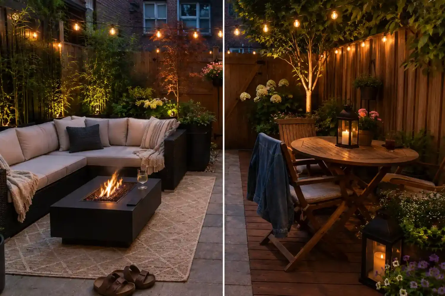 Traditional townhouse backyard with wood dining set and lanterns on the left versus modern outdoor design with a sectional and fire table on the right.