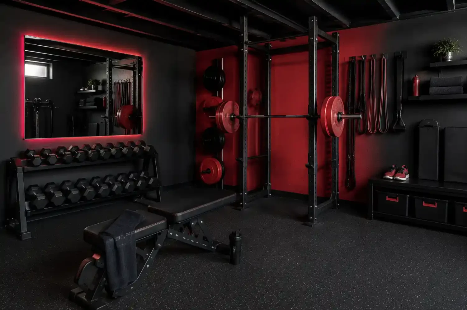 Red and black garage gym with red accent wall, black power rack with red weight plates, dumbbell rack, adjustable bench, red LED mirror, wall-mounted resistance bands, and black rubber flooring.
