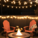 Fire Pit Friday vibes in a cozy backyard setup – string lights, warm fire pit glow, and comfy seating for the perfect weekend retreat. Pin this outdoor idea for later!