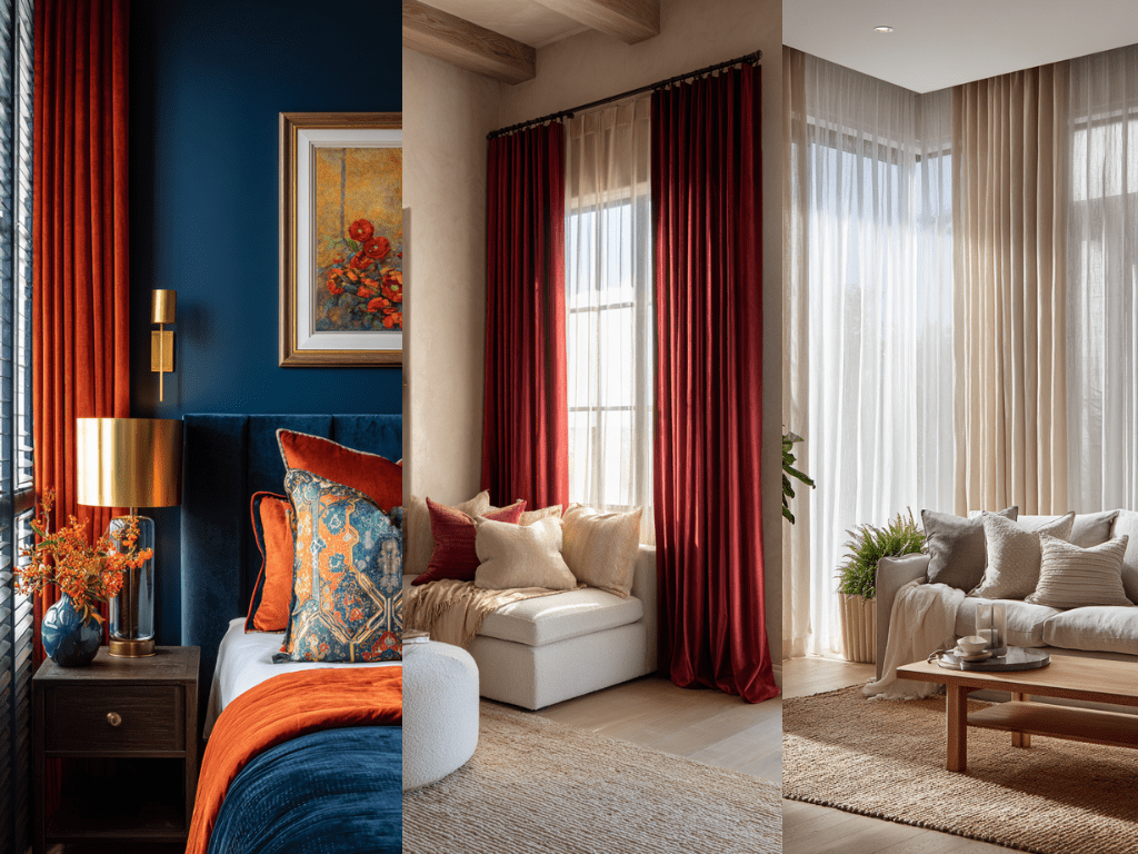 Three-room collage showing curtain styles: burnt orange velvet curtains in a bold navy bedroom, deep red drapes in a neutral-toned living space, and layered sheer beige curtains in a modern sunlit sitting room.