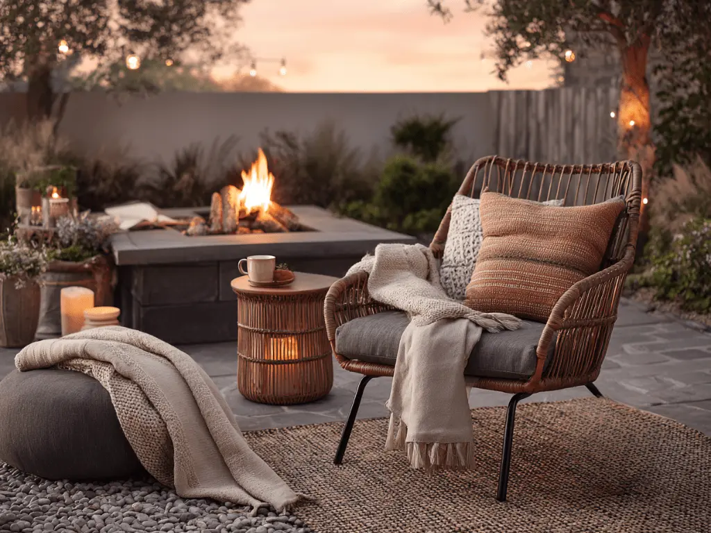 Small rattan outdoor side table beside a fire pit, holding drinks and a blanket with warm lighting nearby