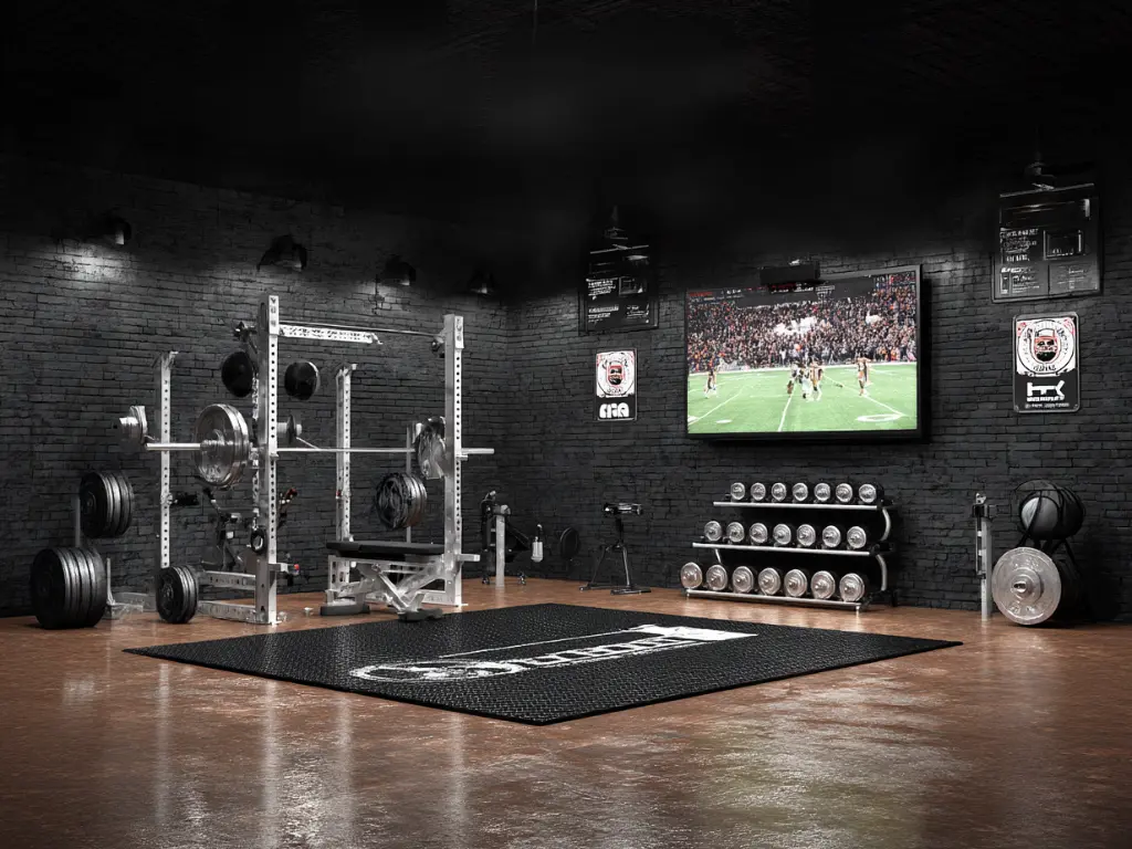 Modern black garage gym ideas featuring technology integration and smart equipment for enhanced workouts
