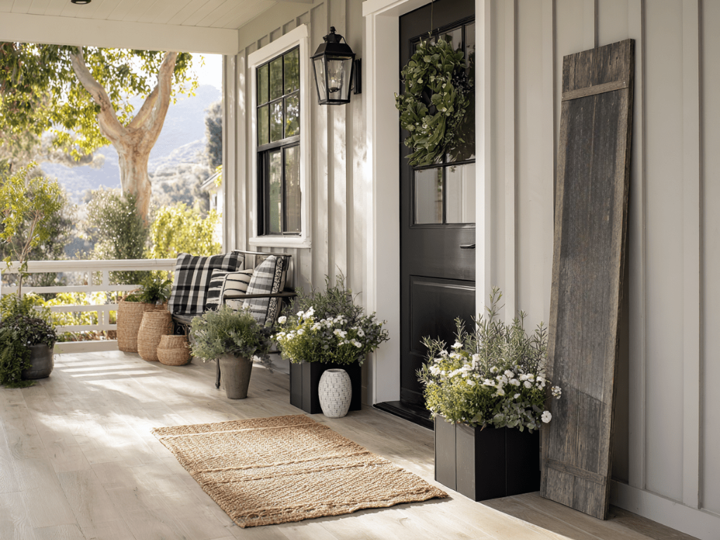 Inviting front porch styled with a vertical sign, twin planters, and layered doormats, tying into the yard’s landscaping style.