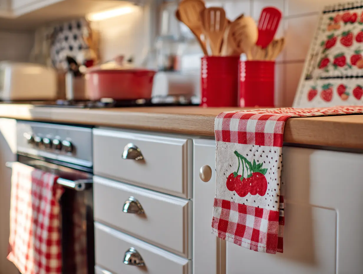 White and wood-tone kitchen cherry home decor ideas—a vibrant dish towel on the oven handle, red utensils in a holder, a gingham runner on the counter, and a playful retro fruit print in the background; warm light, bold contrast, clean but lived-in aesthetic