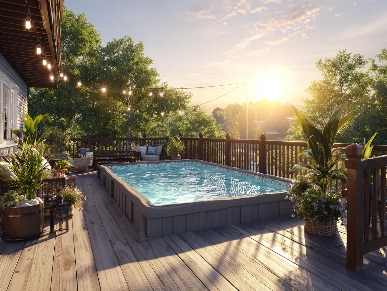 Semi inground pools with deck attached to elevated wooden platform with privacy fence, tropical plants, and sunset lighting.