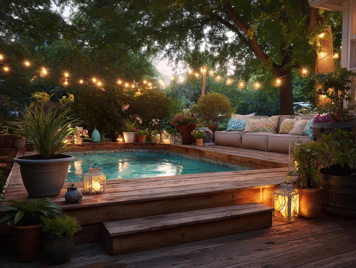 Semi-inground pools with deck featuring wooden wraparound platform, string lights, cozy lounge seating, and evening ambiance.