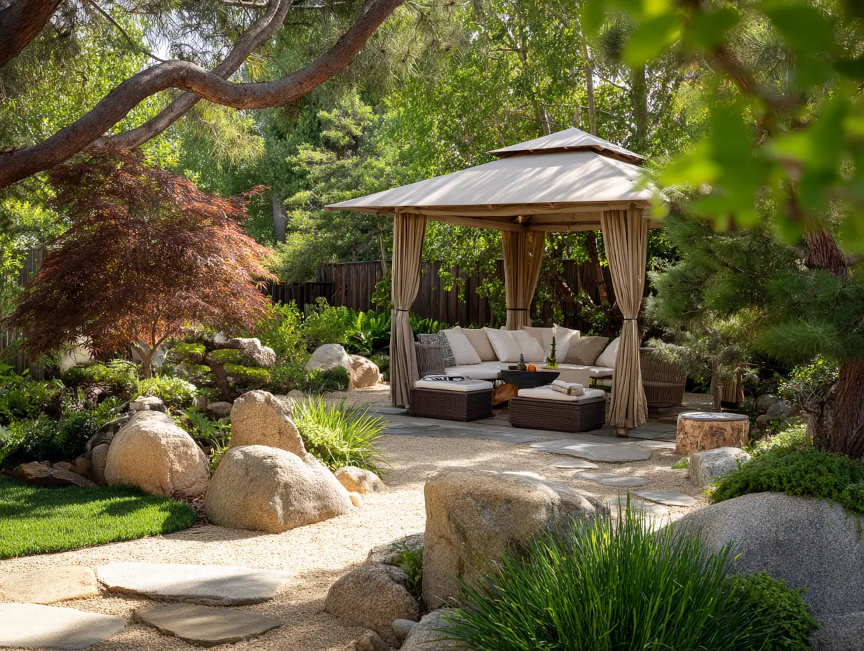 Wood gazebo with beige curtains and outdoor seating surrounded by landscaped backyard with Japanese maple, boulders, and gravel pathways