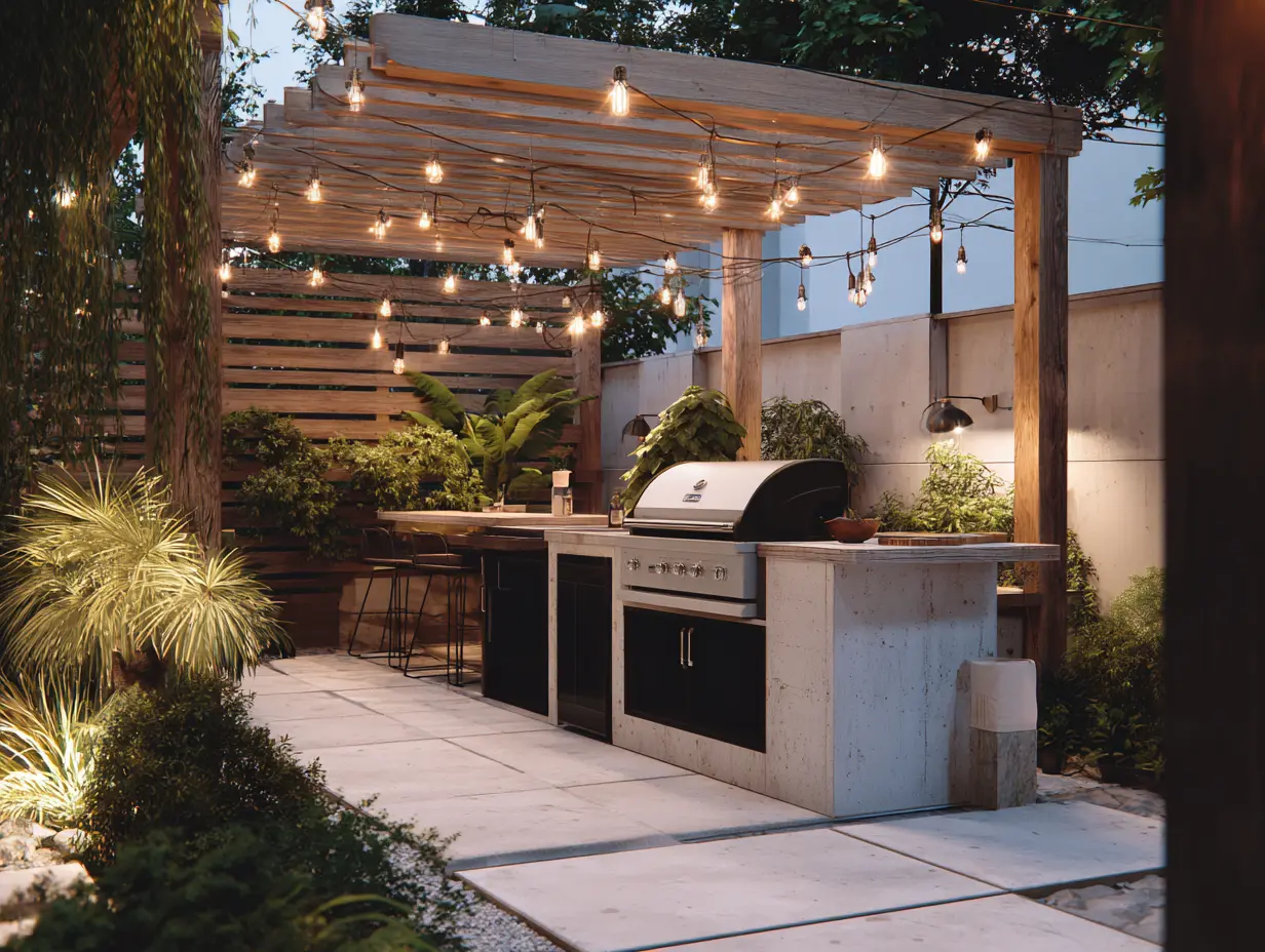A cozy backyard outdoor kitchen setup with modern grill, prep station, ambient string lights, and natural wood accents surrounded by some greenery and soft patio lighting.