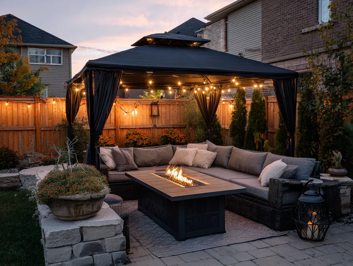 Modern hardtop gazebo with black curtains, string lights, sectional seating, and fire pit table on backyard patio at dusk.