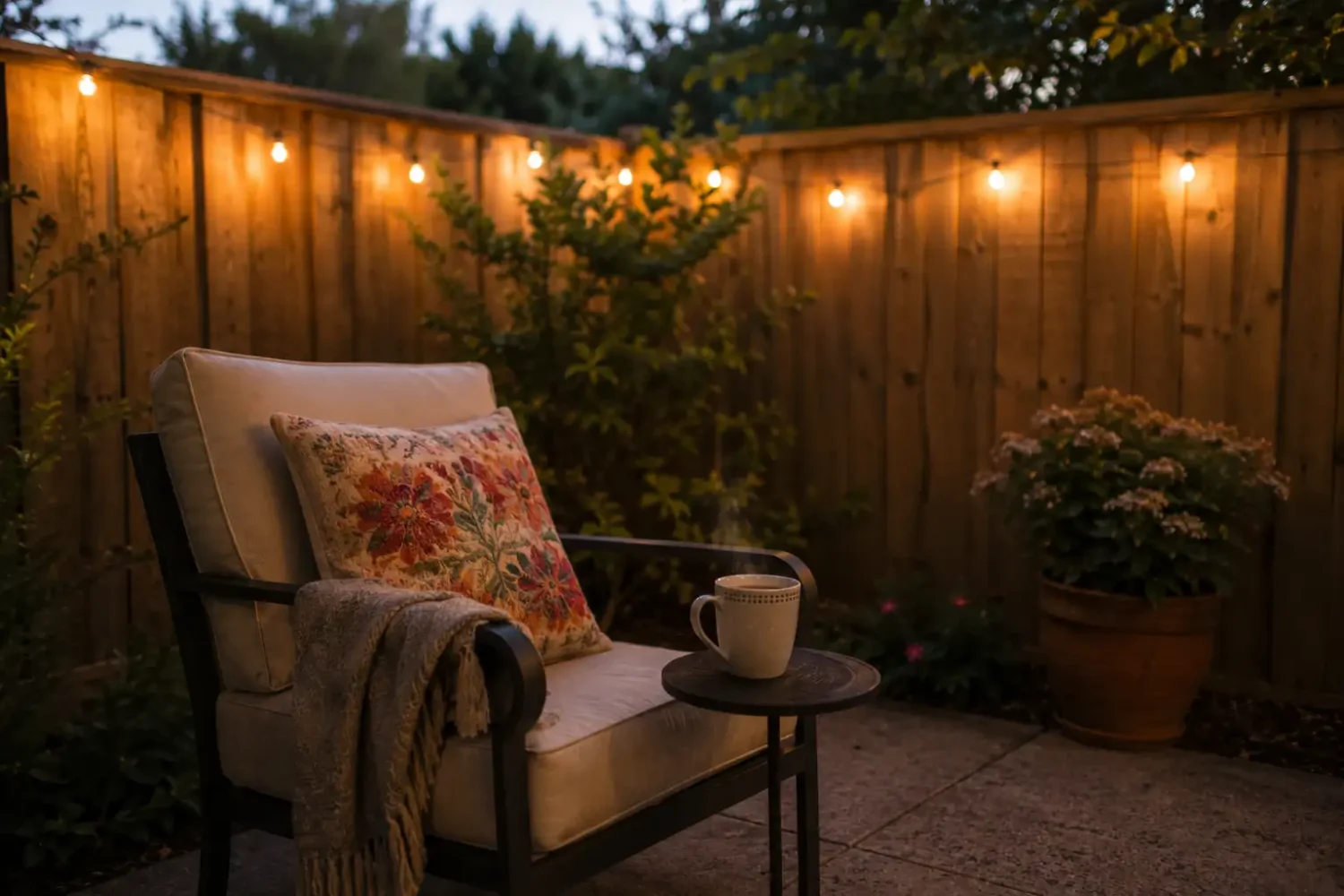 Cozy outdoor chair with floral pillow and throw blanket next to a steaming coffee mug on a small side table, warm string lights glowing along a wood fence at dusk.