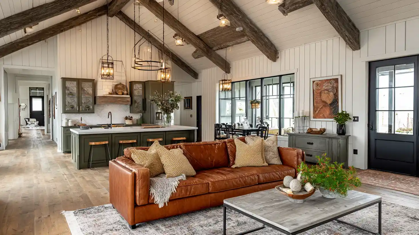 Barndominium open concept interior showing a floating leather sofa anchored by a large area rug away from the walls, olive green kitchen island in the background, vaulted shiplap ceilings with wood beams and pendant lights demonstrating proper furniture placement in a large open space.