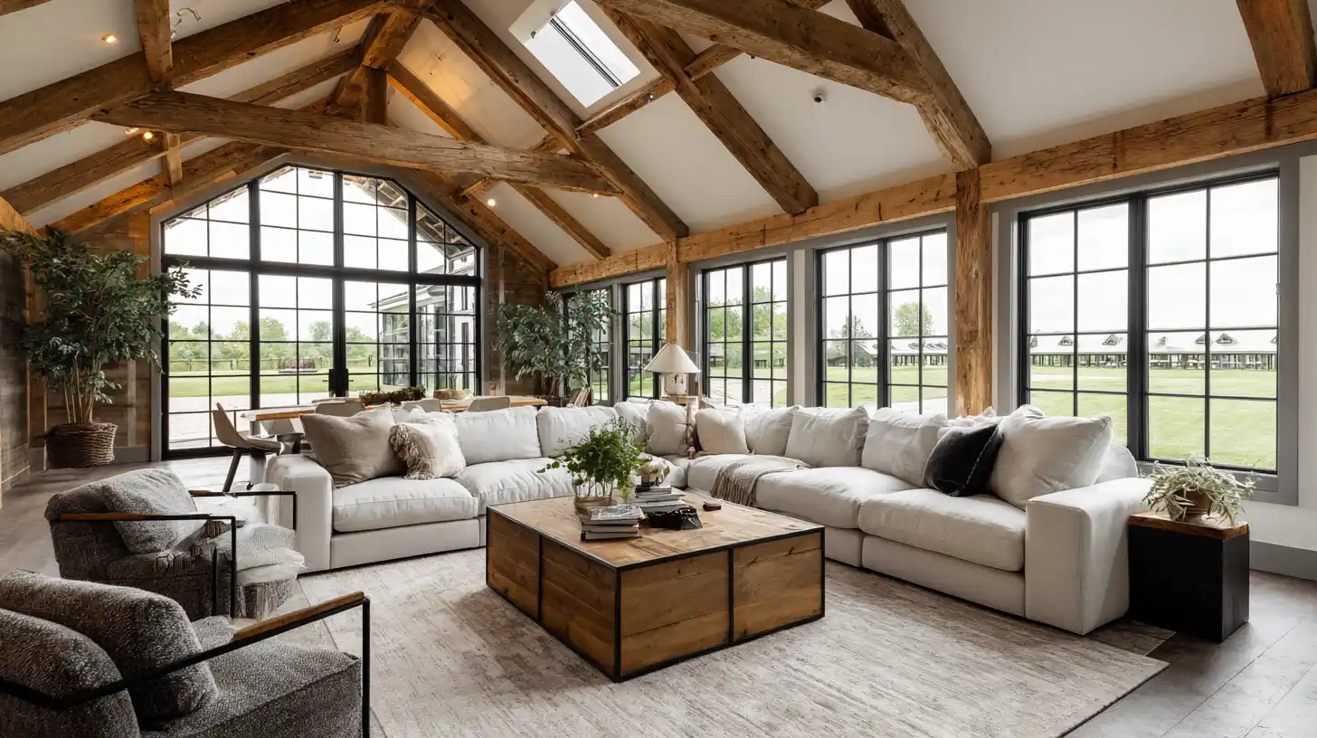 Large neutral area rug anchoring an oversized white sectional sofa floating in the center of a barndominium living room with vaulted wood beam ceilings, black framed windows with countryside views and indoor plants.