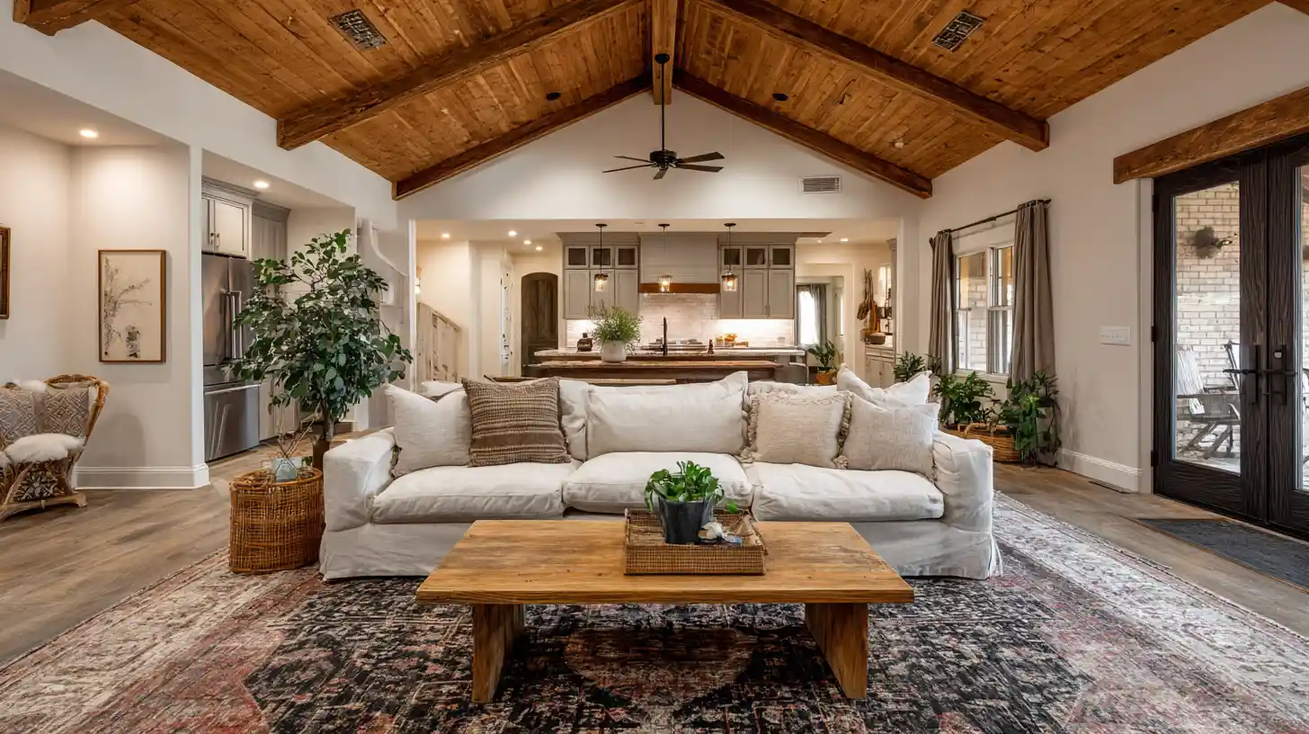 Cozy barndominium interior with a large white sofa floating on a bold patterned area rug, fiddle leaf fig plant in a woven basket planter, rustic wood coffee table, open concept kitchen in the background and vaulted wood plank ceilings.