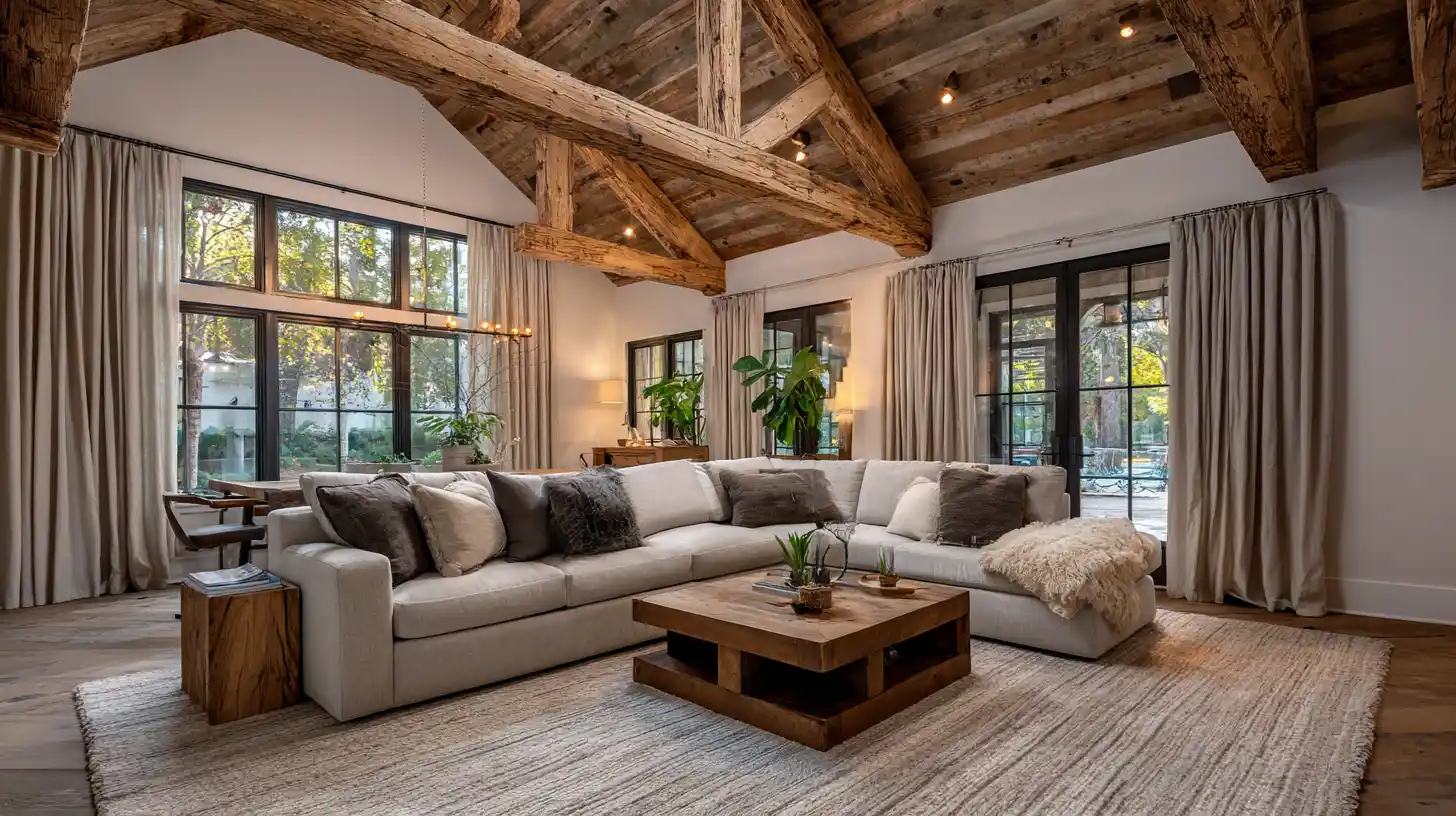 Barndominium interior ideas showing a floating sectional sofa anchored by a large area rug, floor to ceiling linen curtains, wood beam ceilings and indoor plants in a warm open concept living room.
