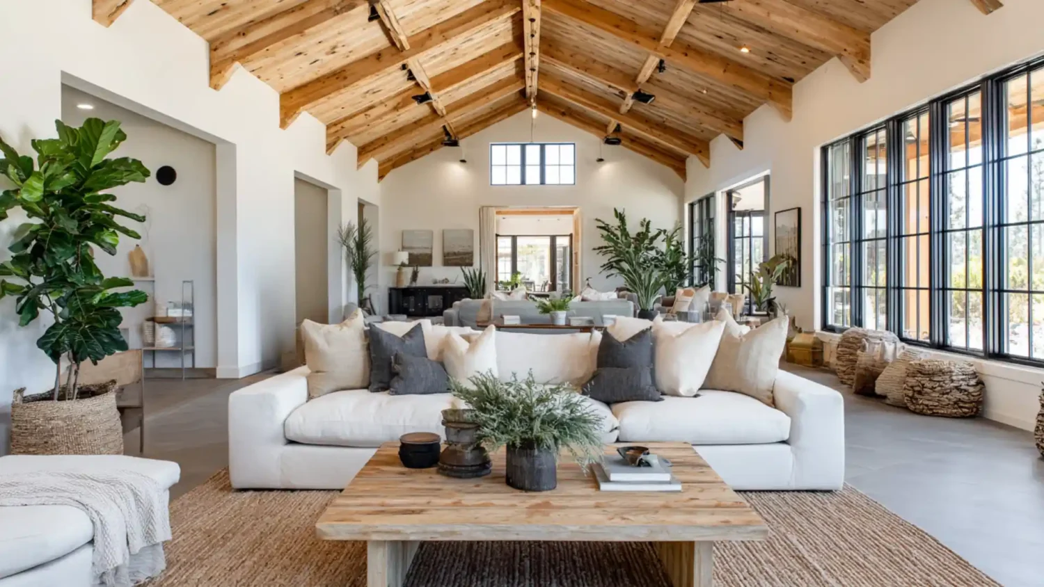 Bright barndominium interior with large fiddle leaf fig and bird of paradise plants in woven farmhouse planters, oversized white sectional floating on a large jute rug, vaulted wood beam ceilings, black framed windows and multiple greenery zones creating a warm and living space.