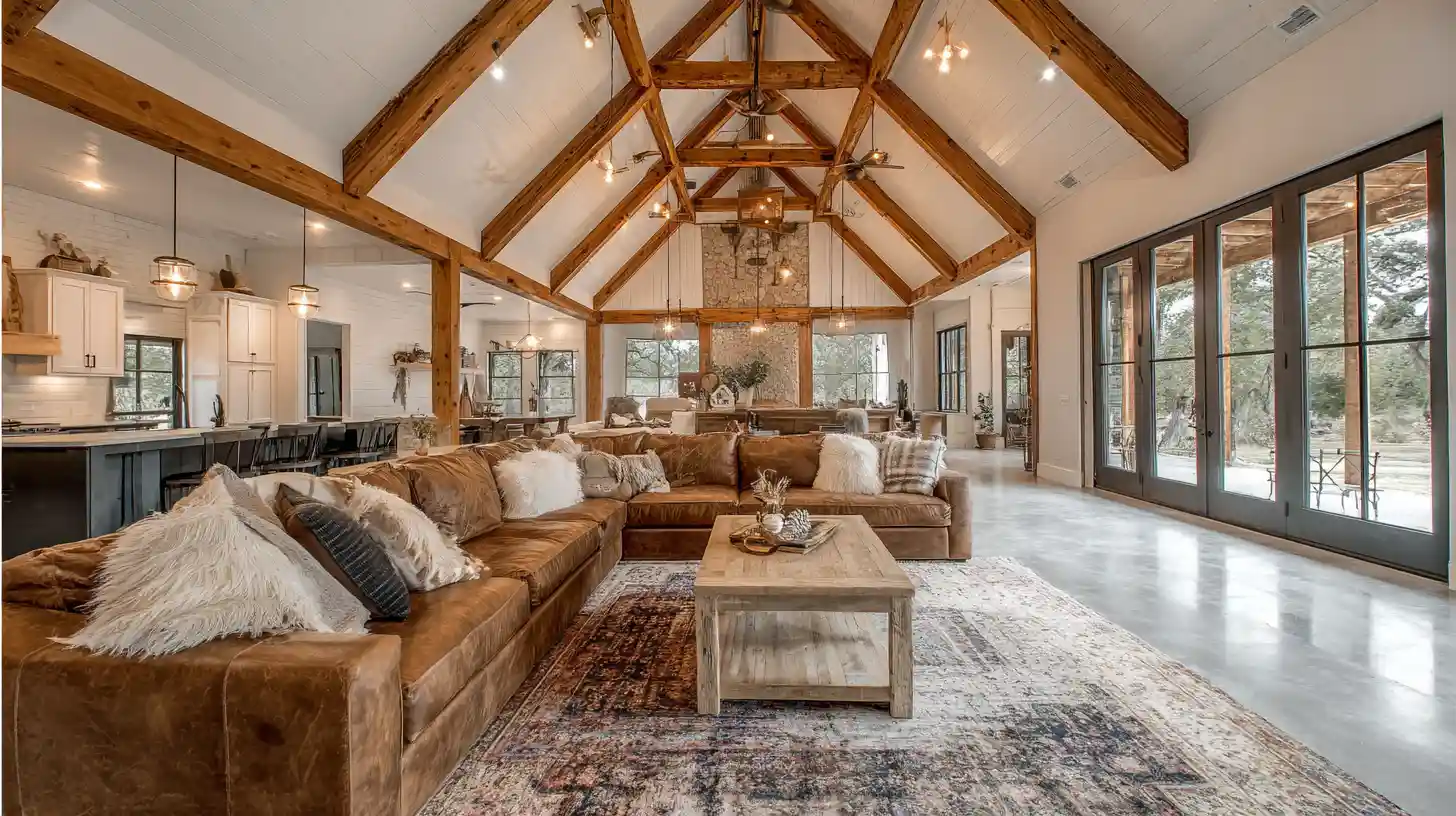 Barndominium interior showing a quality leather sectional sofa floating on a large area rug away from the walls, mix of splurge and budget friendly decor including simple throw pillows and an affordable coffee table, vaulted shiplap ceilings with wood beams and open concept kitchen in the background.