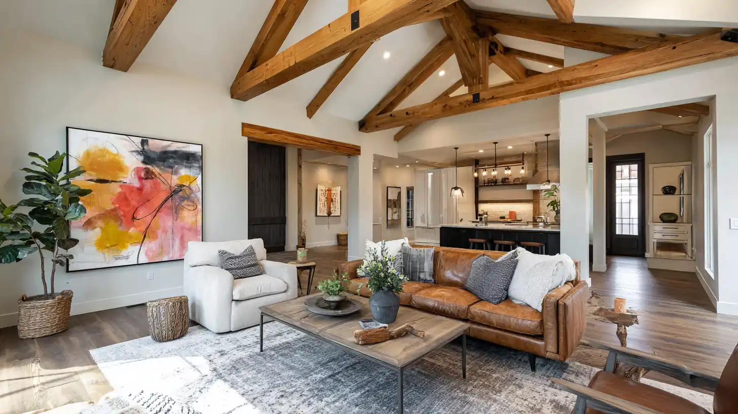 Bright barndominium interior with wood beam ceilings, open concept floor plan flowing into the kitchen, floating leather sofa and accent chair on a large area rug, fiddle leaf fig and bold colorful wall art showing a well zoned open space.