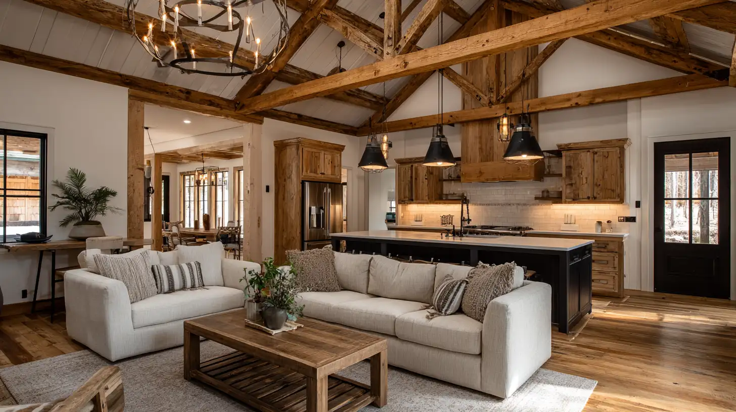 Barndominium lighting showing layered light sources including rustic chandelier, black industrial pendant lights over a kitchen island, and under cabinet lighting in an open concept living and kitchen space with vaulted wood beam ceilings.
