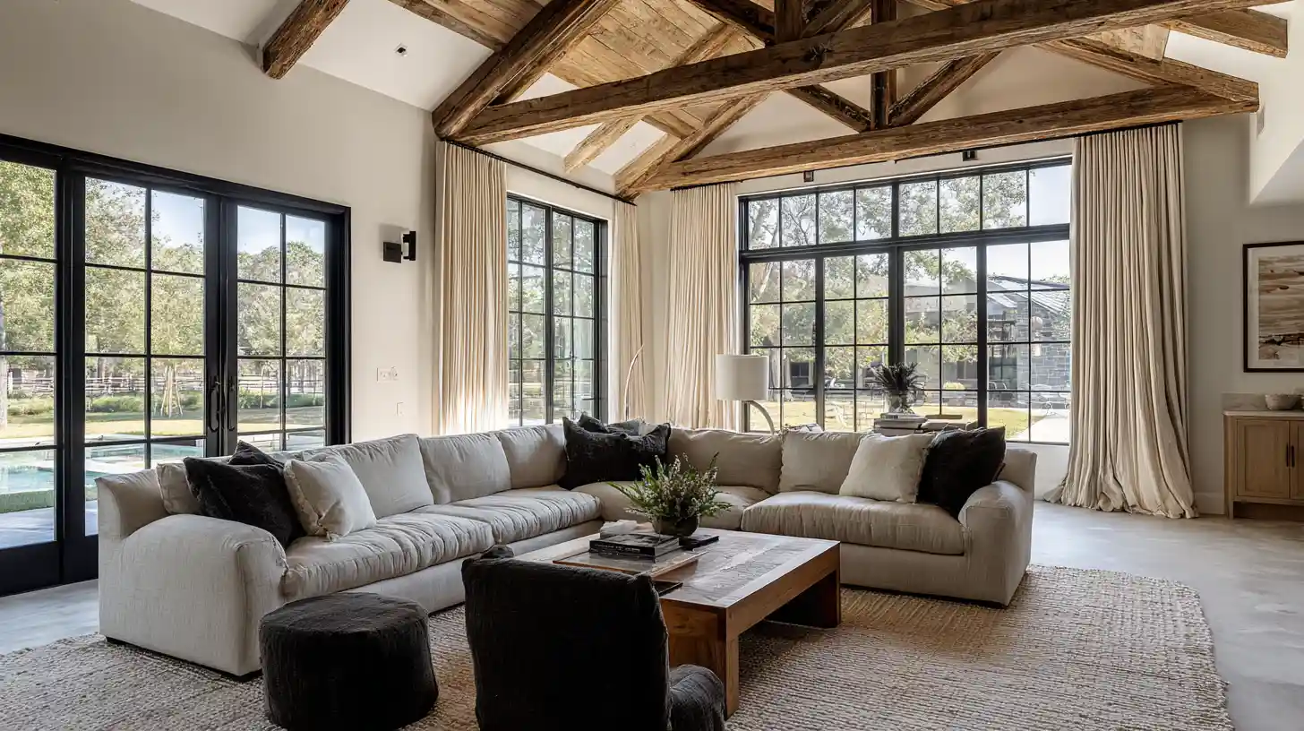 Barndominium living room with floor to ceiling cream linen curtains hung near the ceiling and pooling at the floor on large black framed windows, proportionate floating sectional sofa anchored by a large area rug, vaulted wood beam ceilings with countryside views outside.