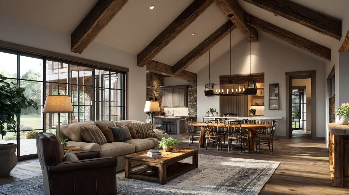 Barndominium open concept interior showing three distinct zones, a living area with floating sofa and large area rug, a rustic dining table with pendant light above it, and a kitchen in the background, vaulted wood beam ceilings and black framed windows with countryside views.