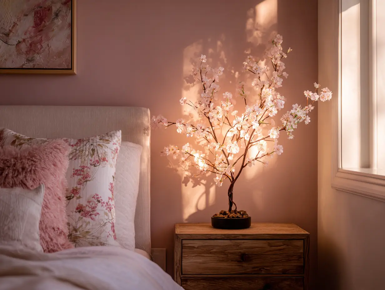 Softly lit bedroom corner with cherry blossom bonsai lamp glowing on a nightstand—white linens, light wood furniture, and a pale pink floral throw pillow tie the look together; gentle, cozy, and full of charm with a modern twist