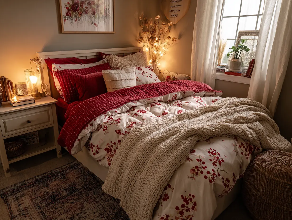 Soft, inviting bedroom with layered white and red bedding—cherry-patterned duvet cover, textured throw blanket, cherry-shaped dish on the nightstand, and cozy ambient lighting; playful yet grown-up, with flirty cottagecore charm