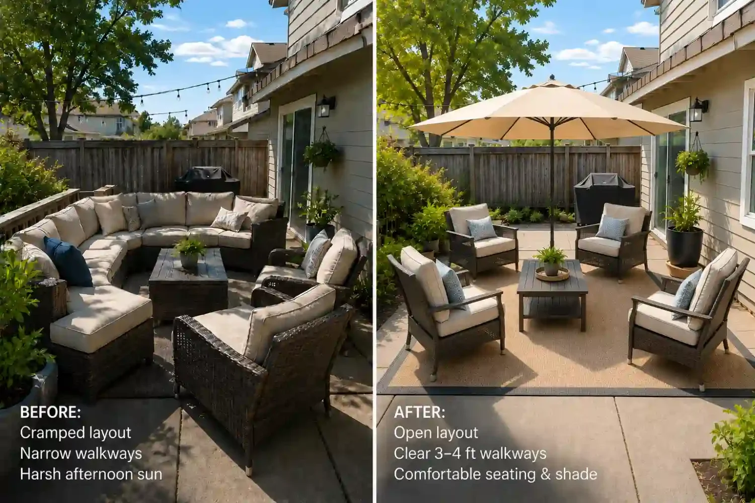 Side-by-side comparison of a backyard retreat showing a cramped patio layout beside a well-planned outdoor seating area with clear walkways, balanced shade, and comfortable furniture spacing.