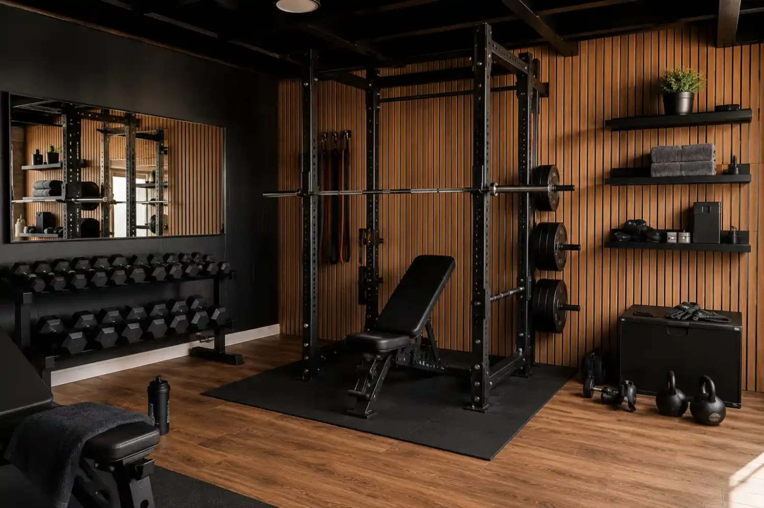 Black garage gym with warm wood slat accent wall, black power rack and bench, dumbbell rack, rubber flooring mat, and black wall shelves with accessories