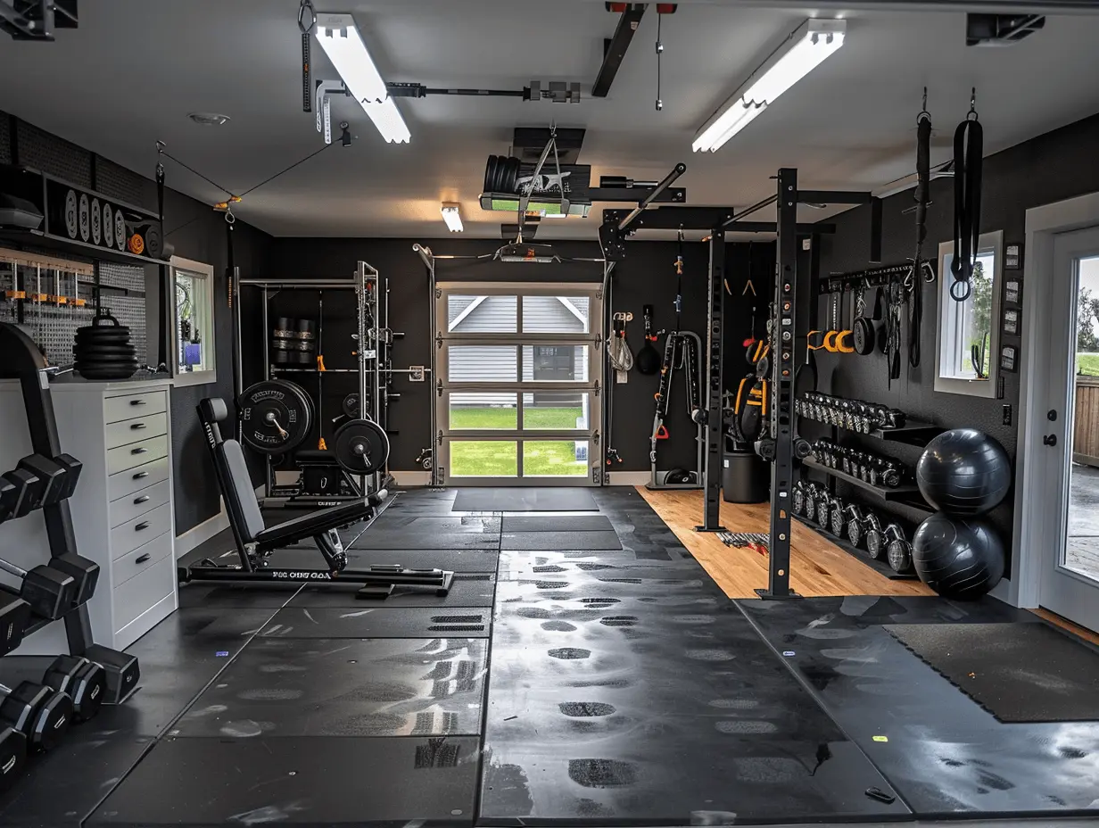 Black garage gym ideas showing how to create different training zones in one space for maximum functionality