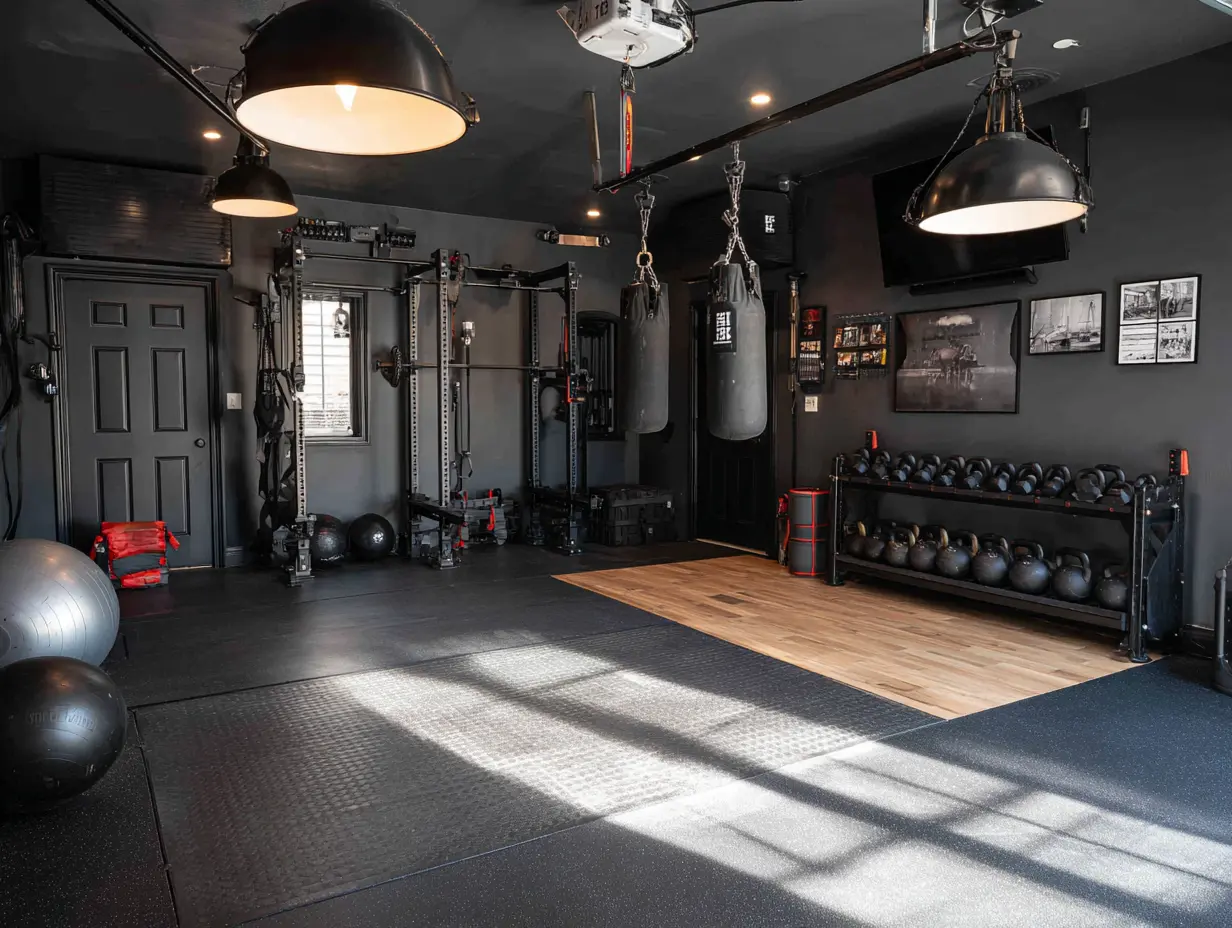 Black garage gym with punching bags, squat rack, kettlebell wall, and mixed rubber and wood flooring under industrial pendant lights for a powerful training space.