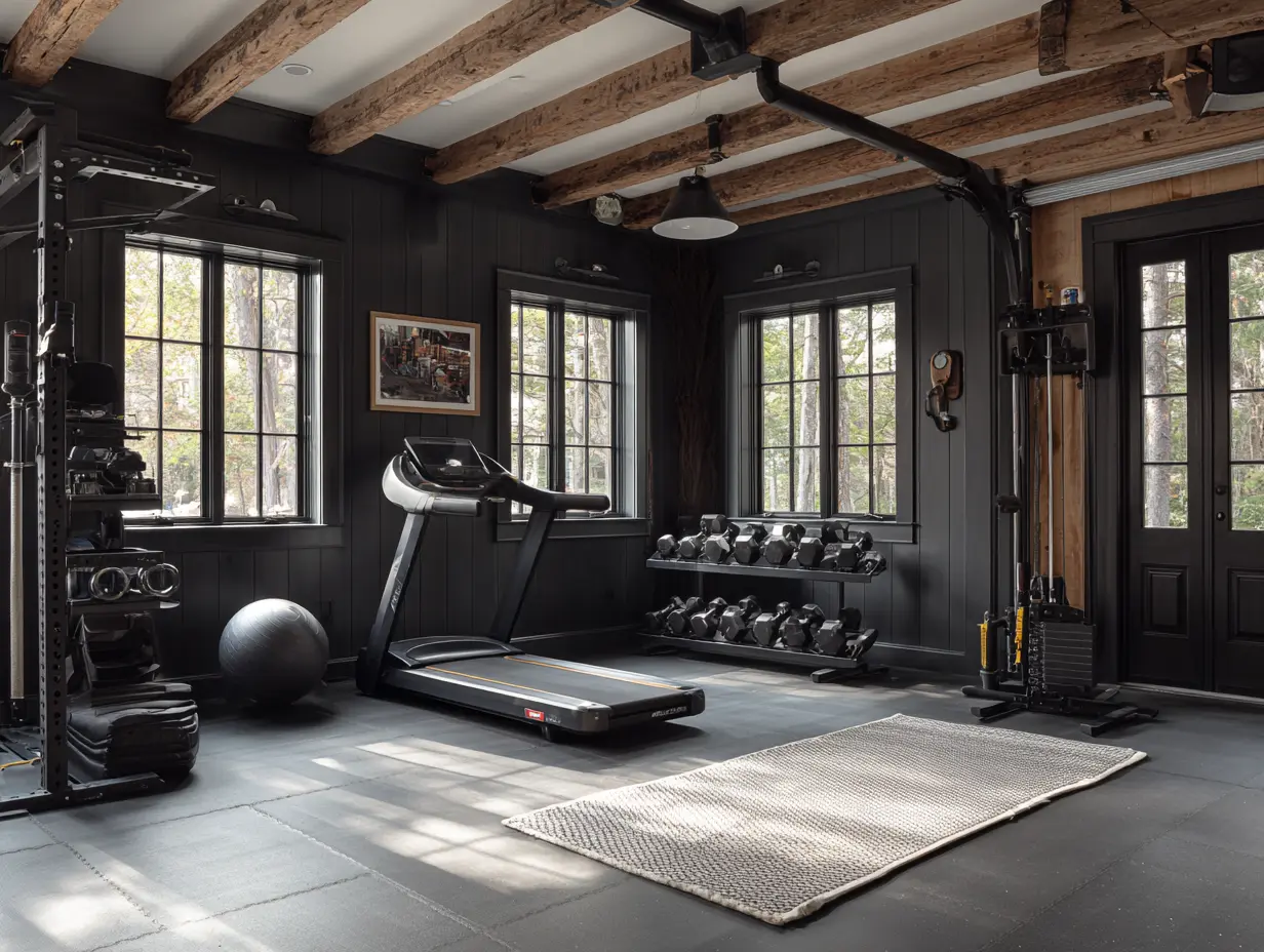 Black garage gym with exposed wood ceiling beams, matte black paneled walls, treadmill, dumbbell rack, and functional training equipment styled with natural light from large windows.