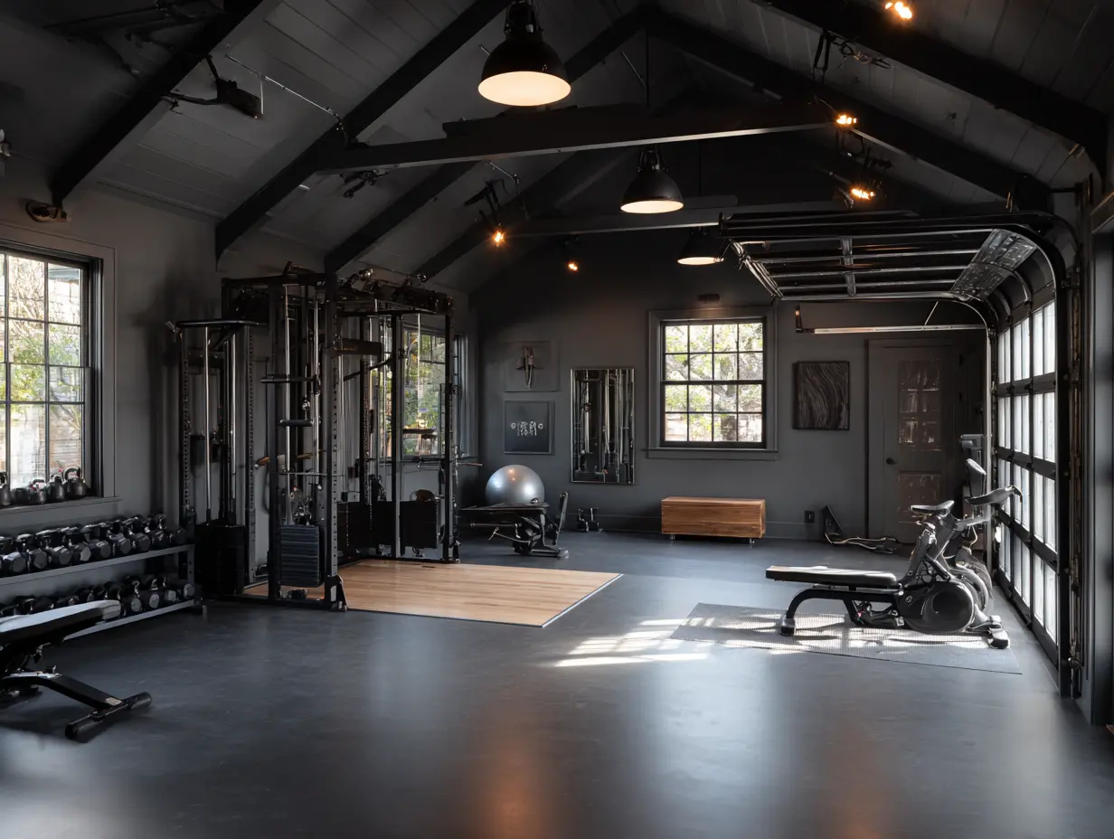 Sleek black garage gym with high ceilings, industrial lighting, wall-to-wall windows, kettlebells, and a modern multi-station setup for a functional, badass workout space.