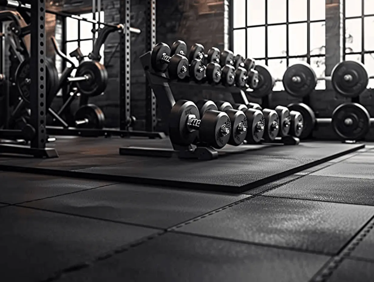 Black gym flooring ideas for garage gyms showing durable rubber mats that protect floors and equipment