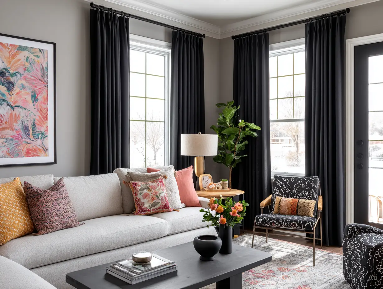 Elegant living room interior, well-lined budget curtains hanging high and wide, matte black curtain rod, bold patterned throw pillows, vibrant wall art, and modern furniture.