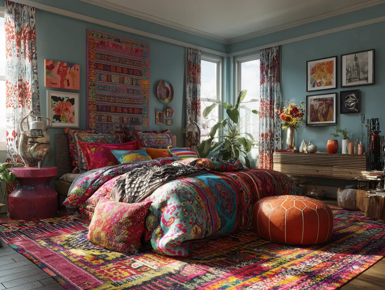 Eclectic maximalist bedroom with patterned area rug, colorful bedding, and mixed-scale prints.
