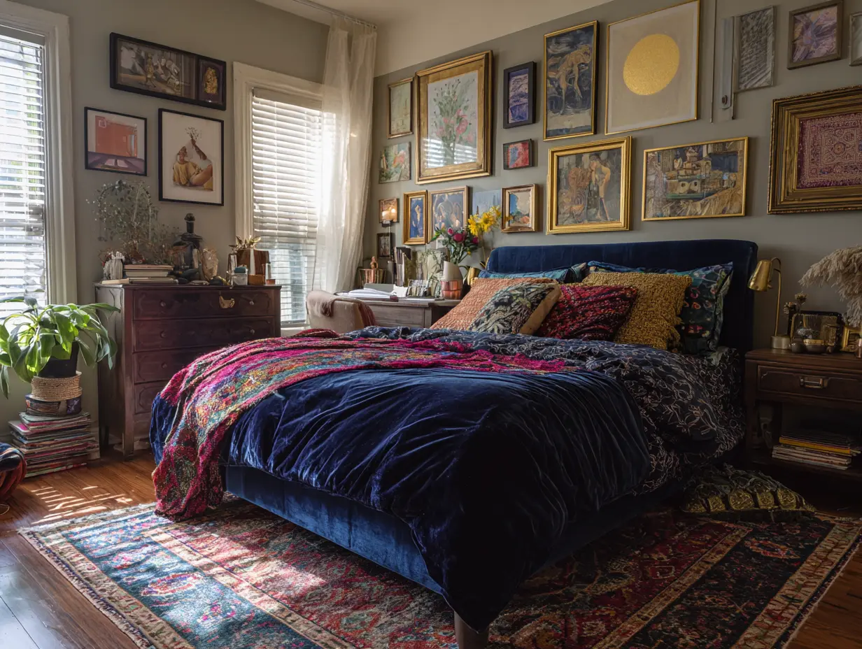 Maximalist bedroom with velvet textures, layered bedding, and gallery wall art.