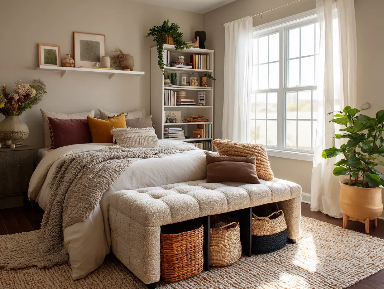Bedroom with vintage storage bench, curated shelves, and colorful organizing accents.