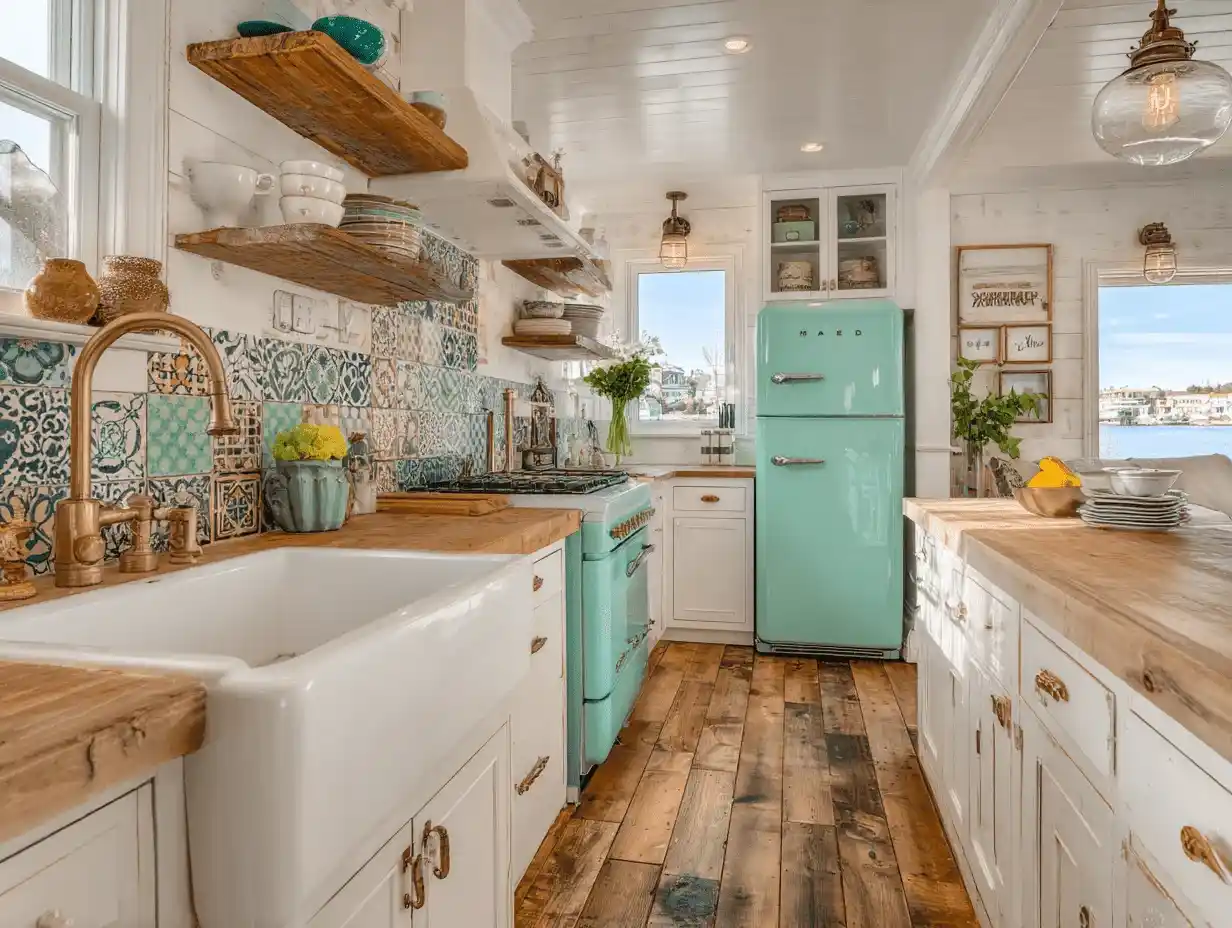 Lake house kitchen with a teal stove and refrigerator and oven. Bright wallpaper and wooden floors. 