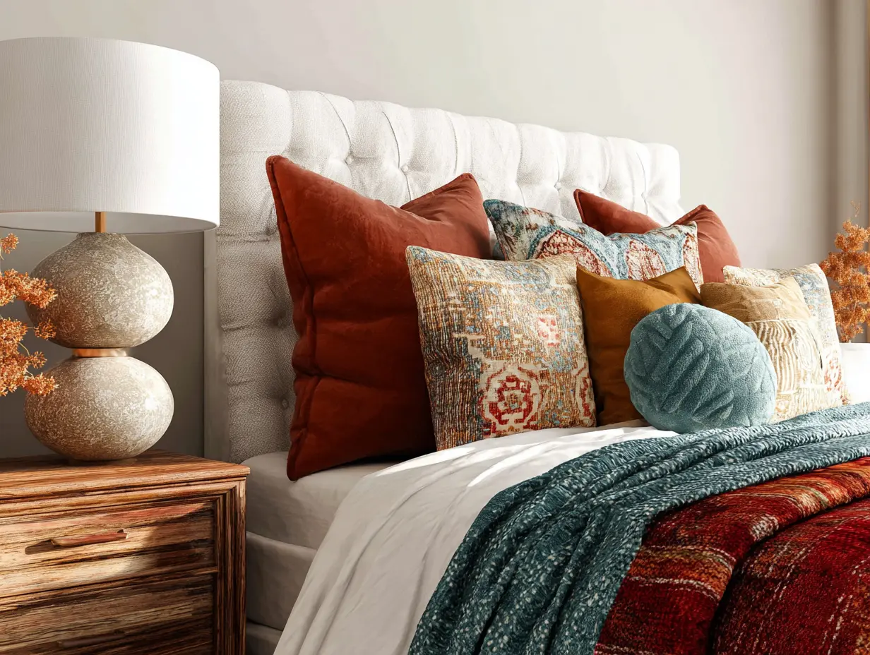 Boho eclectic bedroom with brass sconces, warm lighting, and layered textures.