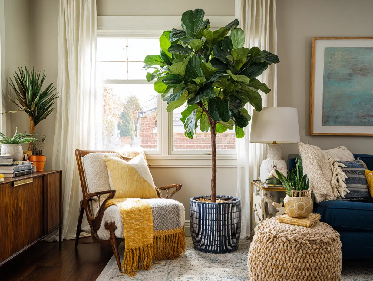 Mobile home living room with a tall fiddle leaf fig tree in a planter, layered with cozy decor pieces that create warmth and personality.
