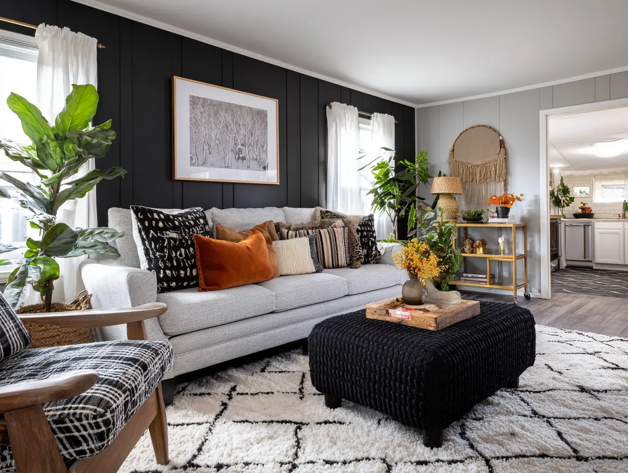 Bold, modern living room inside a mobile home with updated flooring, fresh paint, and stylish decor showing a complete mobile home makeover.