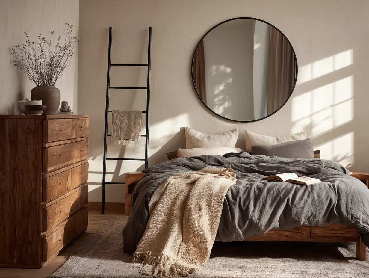 Softly lit bedroom with layered bedding, textured throws, and warm lighting, styled for cozy bedroom decor that feels modern, inviting, and real.
