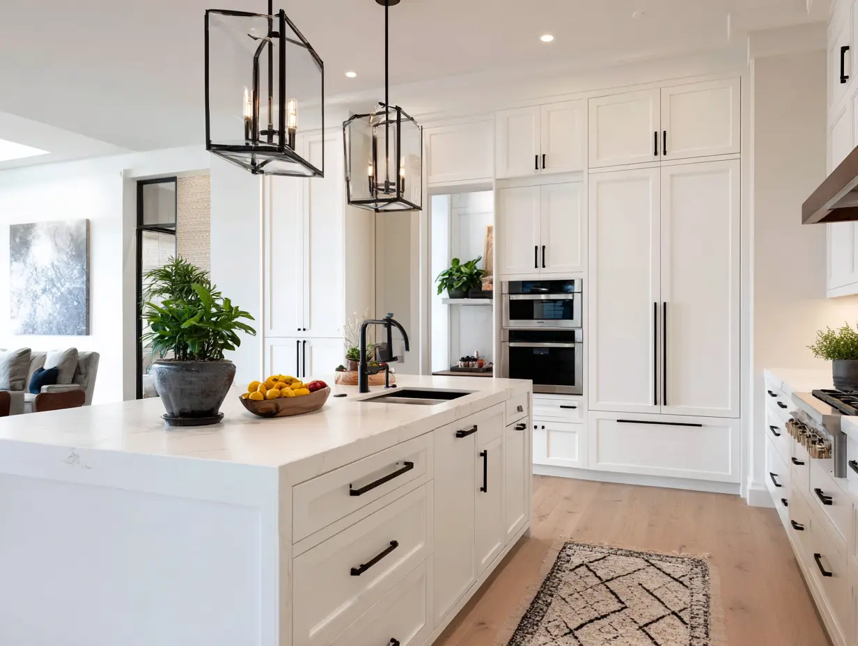 White farmhouse cabinets with matte black hardware, crisp bright lighting, and bold accents for a clean yet lived-in look.