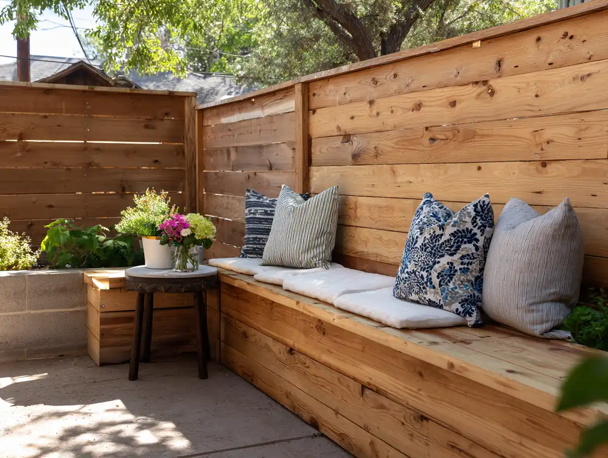 Budget-friendly small backyard patio with built-in wooden bench seating, colorful outdoor cushions, small side table, and potted plants creating an affordable cozy outdoor space.
